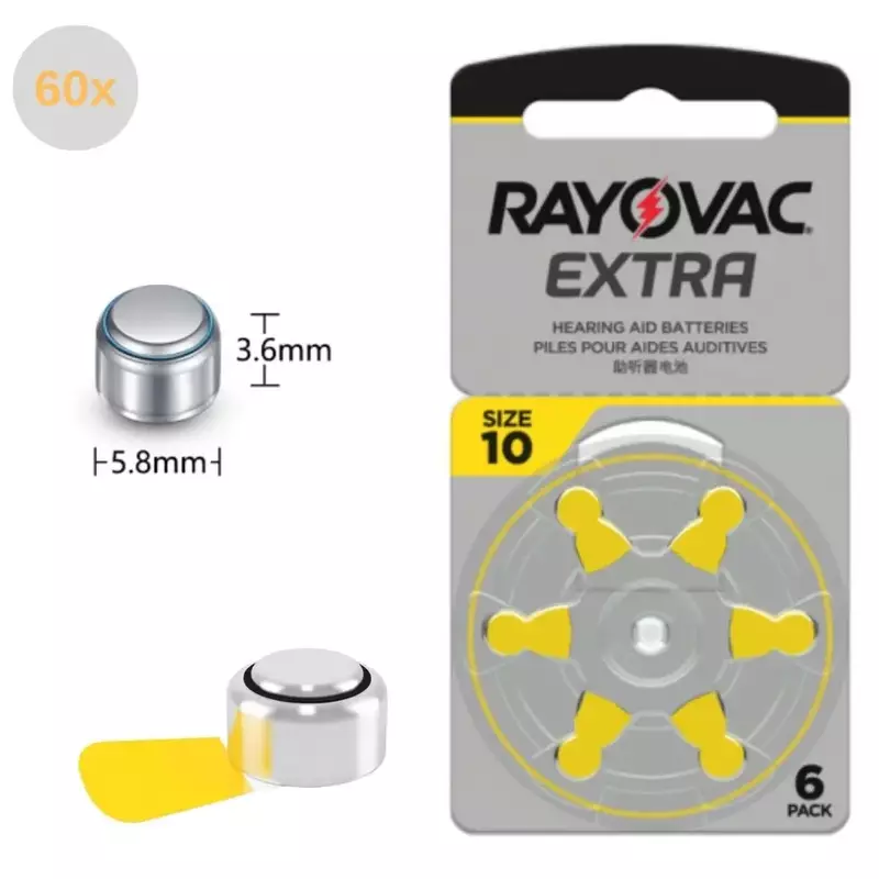 RAYOVAC-Batería de Zinc EXTRA para audífono, 60 piezas, A10, 10A, 10, PR70, A10