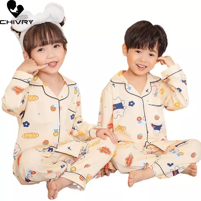 Nieuwe 2022 Kinderen Jongens Meisjes Pyjama Casual Cartoon Lange Mouwen Revers Shirt Tops Met Broek Baby Zomer Losse Slapen Homewear