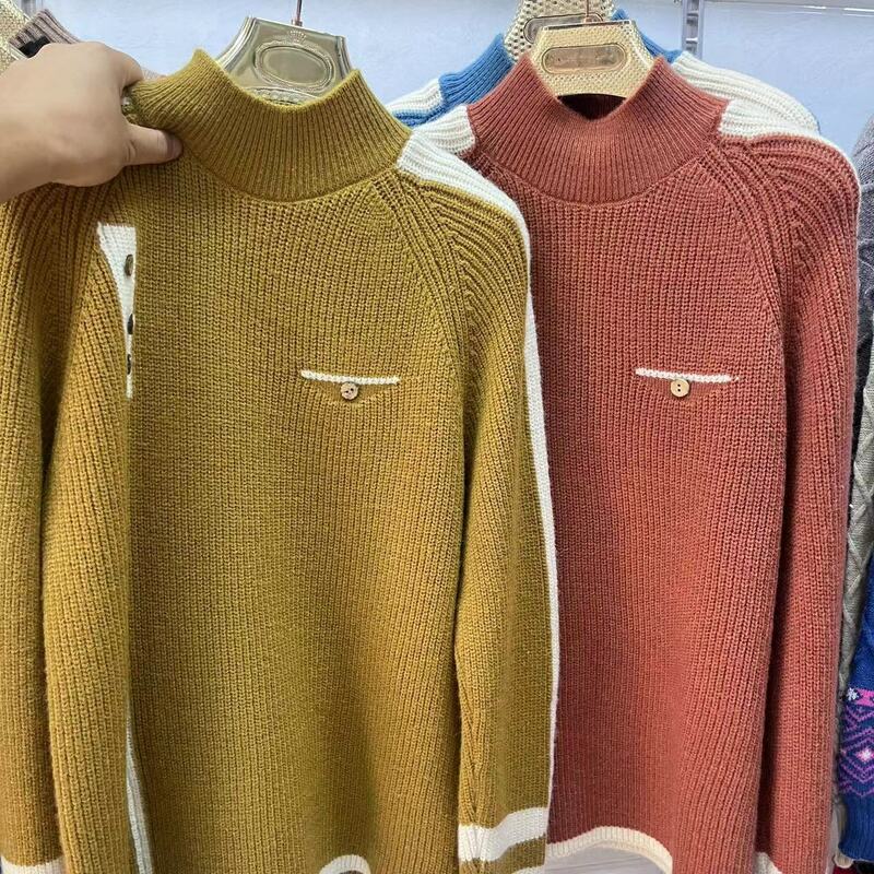 New Lazy Style Knit Bottom Top Half High Collar Sweater For Women Autumn Winter Pullover Vintage Warm Lady Thicken Knitwears