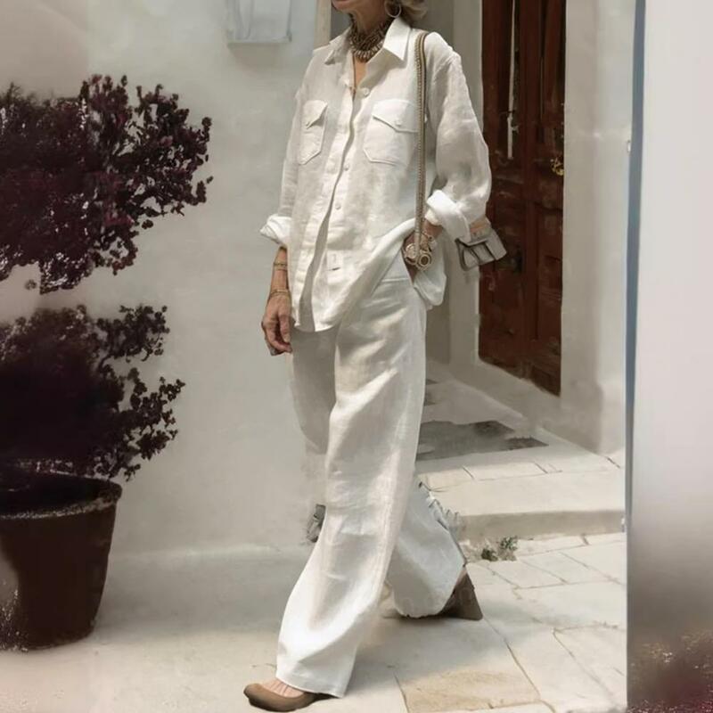 Conjunto de camisa de lino con bolsillo para mujer, traje informal de 2 piezas, pantalones de pierna ancha, camisa de manga larga, ropa holgada de calle alta