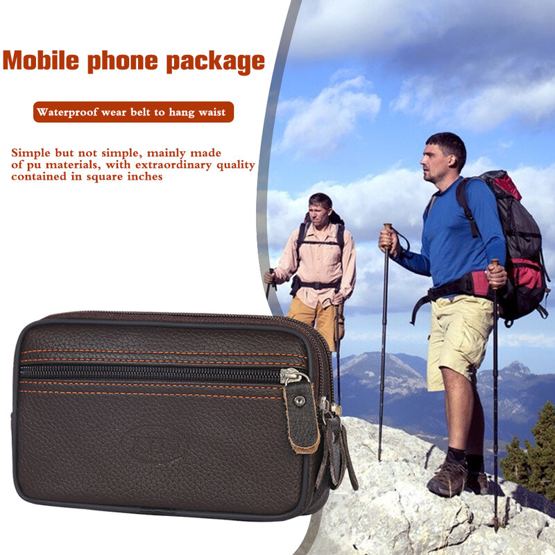 Male Mobile Phone Waist Belt Bag PU Leather Card Holder Zipper Outdoor Jogging Sports Running Bag Double Layers Soft Bum Bag