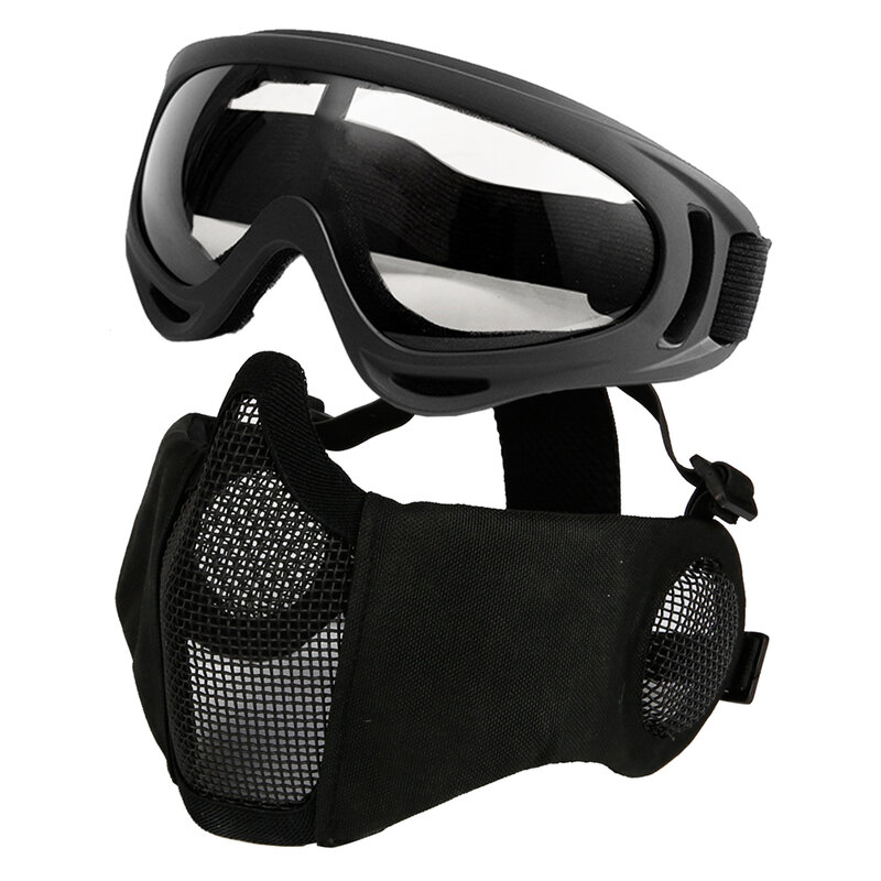 Masque Airsoft avec lunettes, demi-visage pliable, en maille, avec Protection des oreilles, pour le tir au Paintball, le jeu CS