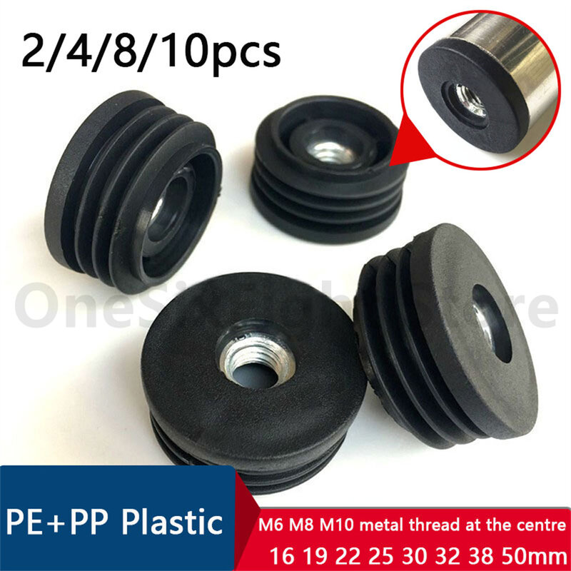 Black Round Blanking End Caps Tubo de tubulação PE + PP Plástico 16 19 22 25 30 32 38 50mm Inserções Com Rosca De Metal M6 M8 M10
