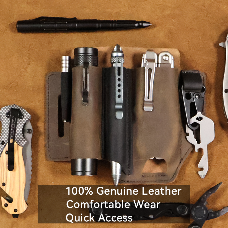 RIYAO Men Multifunction Genuine Leather Sheath Organizer Waist Packs Outdoor Tool Holster EDC Flashlight Folding Knife Pocket