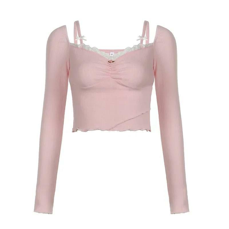 Sweet Lace Stitching V-neck Skinny Top Pink Coquette Aesthetic Slim-fit Long Sleeve Knitted T-shirts Cute Casual Tees