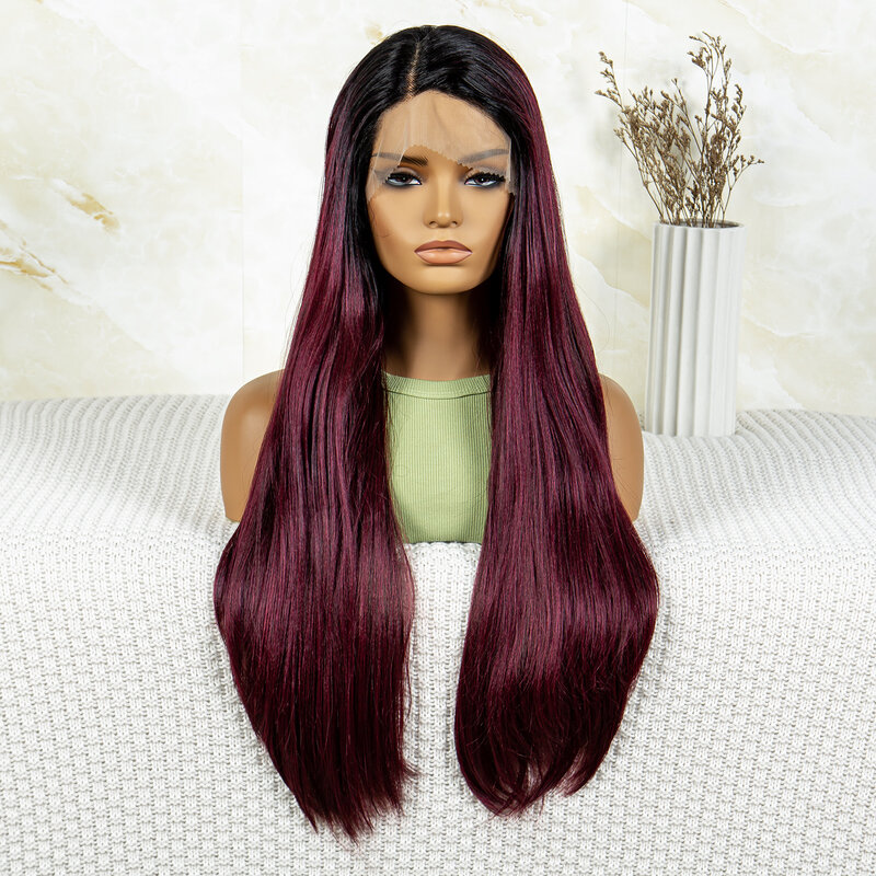 Long Hair Wigs Straight Wigs for Women Synthetic Hair Black Root Wine Red Wig Heat Resistant Fiber Cosplay Wig Daily Use