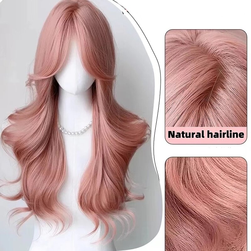 Pink Wig for Women Long Wavy Pink Lolita Cosplay Wig Sweet Nature Wave Headband Synthetic Wig