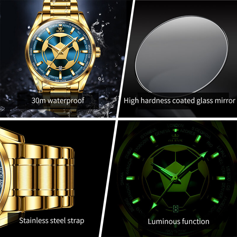 Olevs-メンズクォーツ時計,ステンレス鋼,防水,発光ポインター,ゴールド,ブルー,ファッションブランド,時計