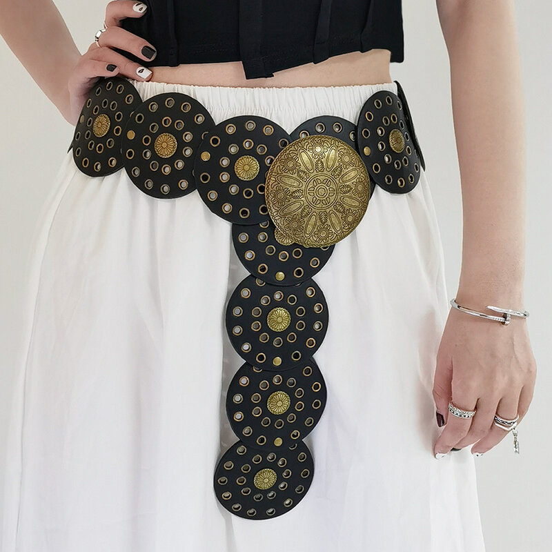 Cintura in Denim occidentale da donna Vintage di alta qualità in metallo Hollow Ladies Trend ampia cintura tonda ritagliata cinture rotonde personalizzate