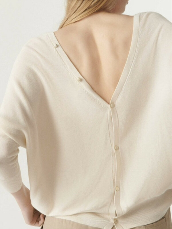 Dua cara pakaian wanita kancing sebaris kardigan rajut atasan lengan panjang longgar 3 warna sweter punggung terbuka wanita 2024 baru