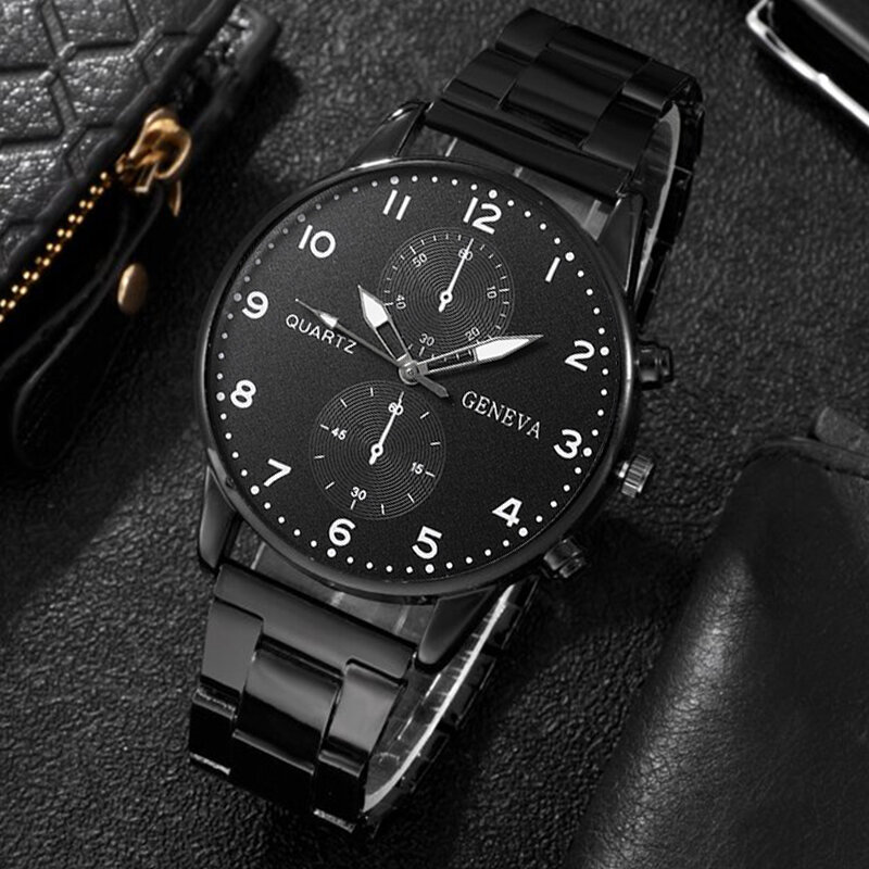 남성용 비즈니스 시계, 스테인레스 스틸 쿼츠 손목 시계, 캐주얼 팔찌 목걸이, 패션, 블랙, 3 개 세트