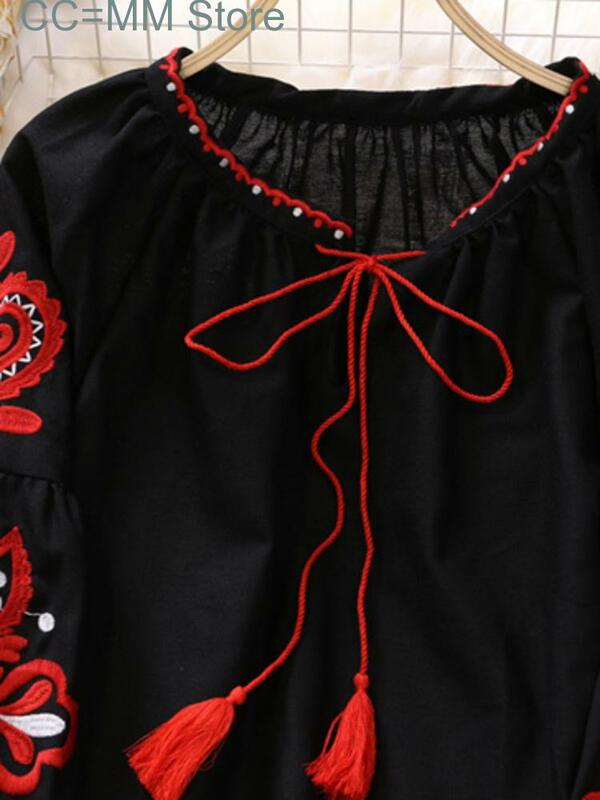 เสื้อสวมหัวสไตล์หวานใหม่สำหรับผู้หญิงเสื้อเบลาส์แขนโคมไฟคอวีสำหรับฤดูใบไม้ผลิและฤดูร้อน