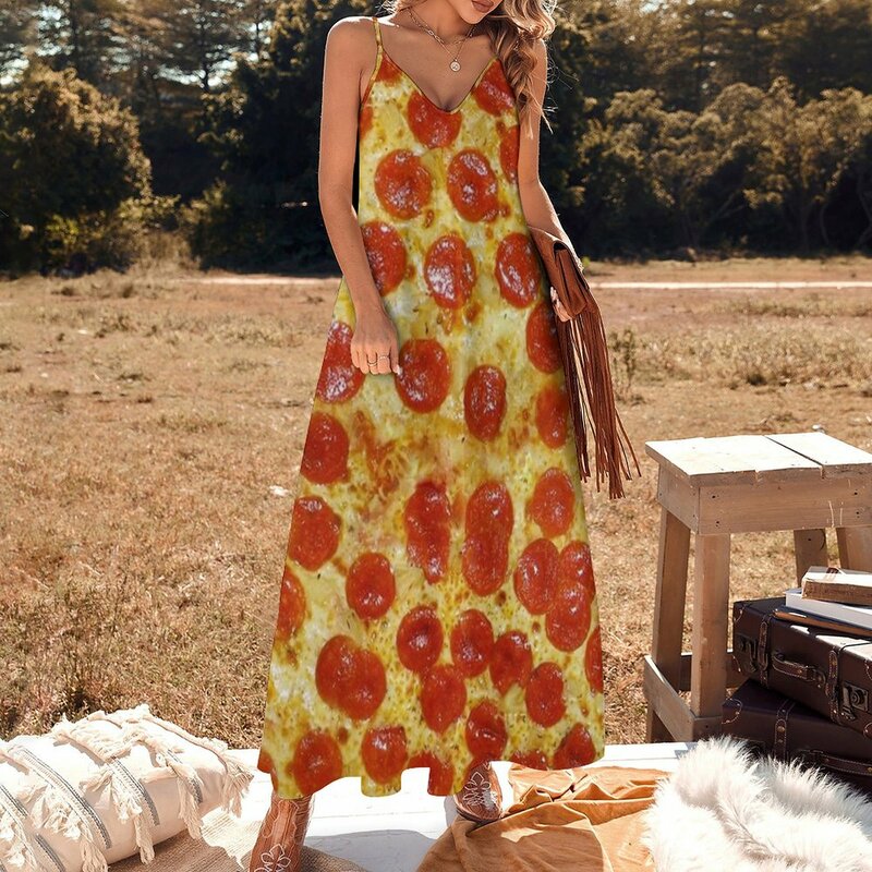 Vestido sem mangas de verão feminino, vestido longo pizza, Roupa de noite feminina, Tendência, 2023