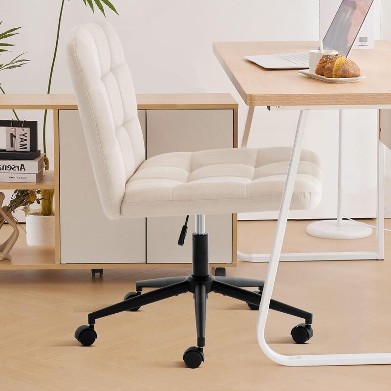 Krzesło biurkowe bez broni, tkanina lniana wyściełane krzesło obrotowe, regulowane krzesło do biura domowego z kołami 360 °, szerokie