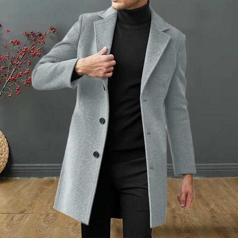 Abrigo clásico de lana para hombre, abrigo de manga larga con bolsillos laterales y solapa, traje de longitud media con botonadura única, Color sólido