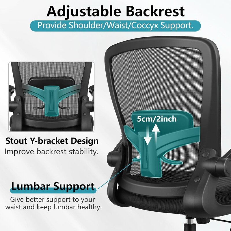 Cadeira ergonômica de escritório de malha respirável, cadeira de mesa com encosto alto ajustável, apoio lombar, braços flip-up