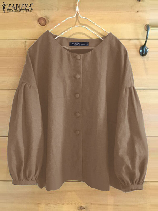 Damskie w stylu Vintage z długim rękawem jednokolorowa bluza 2024 ZANZEA wiosenne tunika damska topy na guziki w dół koszula moda na co dzień luźne bluzy robocze