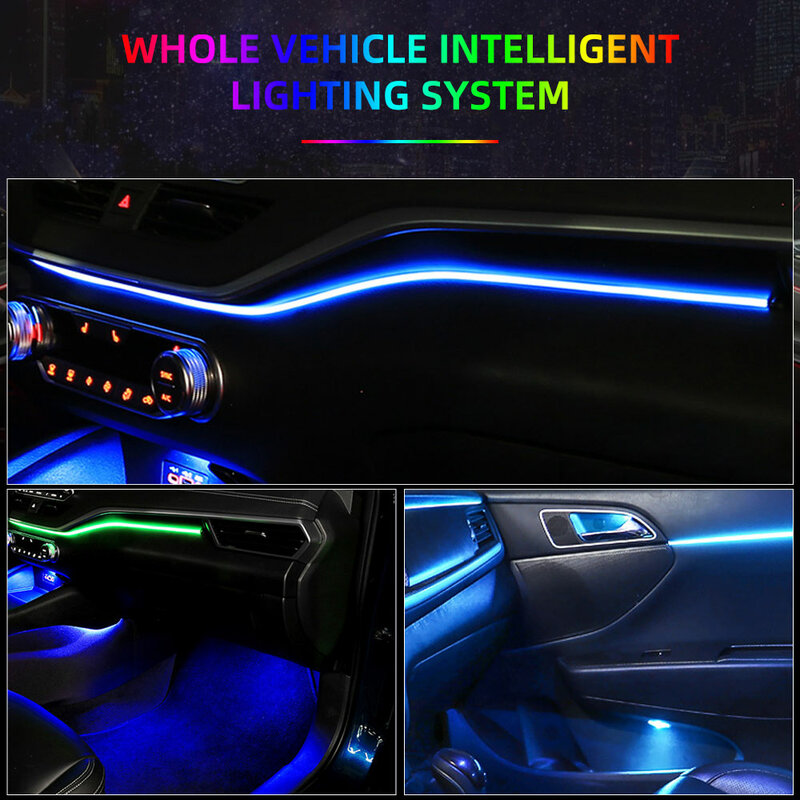 18 in 1 자동차 주변 조명 스트립 인테리어 RGB 64 색상 아크릴 광섬유 LED 바 대시보드 도어 발 조명 장식 분위기 네온 램프 자동차 액세서리 12V 블루투스 앱/터치 컨트롤