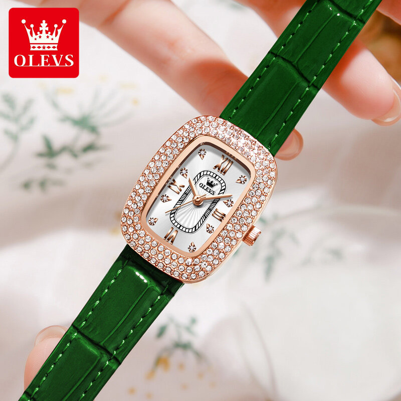 OLEVS Elegant Ladies Watches Luxury Brand Breathable Leather Strap Rhinestones Women's Quartz Wristwatch Water Resistance 30m
