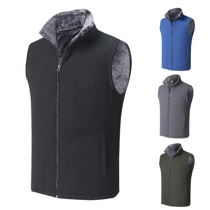 Men Winter Vest Sleeveless Stand Color Fleece Thick Coat Keep Warm Plus Size Neck Protection Winter Waistcoat For Daily Wear