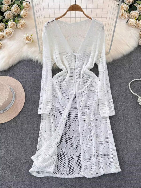 Gaun pelindung matahari lengan panjang kancing gaya Tiongkok, gaun tunik renda pantai Slim Fit untuk wanita musim panas 2024