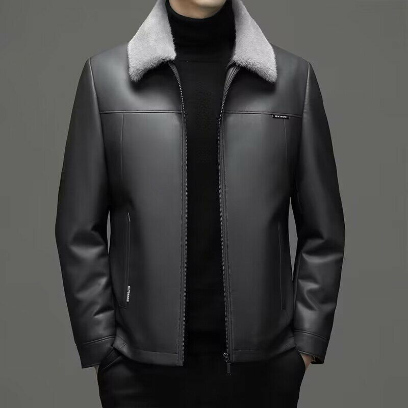 Jaket kulit domba kerah pria, pakaian luar kelas atas kerah bulu Mink dapat dilepas mode pria baru musim dingin 2023