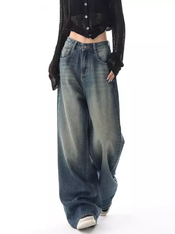 Autumn New Fashion Design Women's Loose Wide Leg Pants American Casual YK2 Retro and Unique Washed Women Blue High Waist Jeans