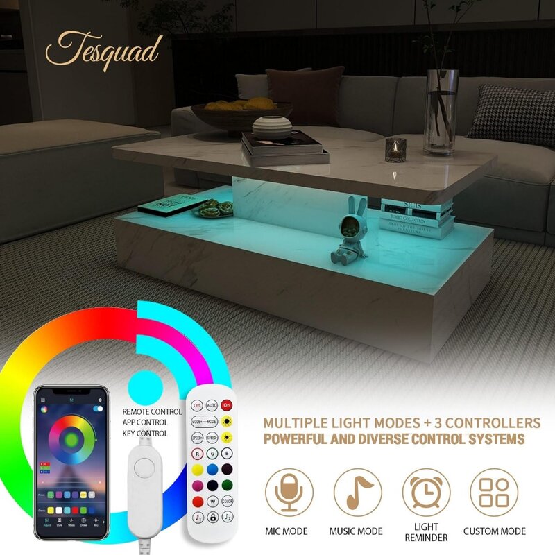 LED Coffee Table with High Gloss Surface, Modern White Coffee Table, with Remote Control, White Coffee Table for Living Room
