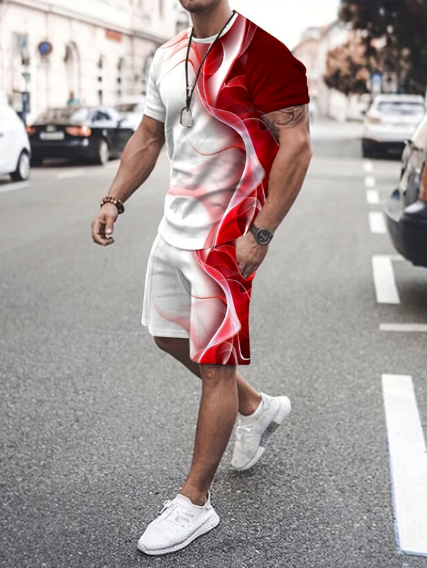 Крутой модный мужской костюм с 3D линиями, футболка с круглым вырезом и шорты, Спортивная и модная мужская одежда из двух частей с короткими рукавами