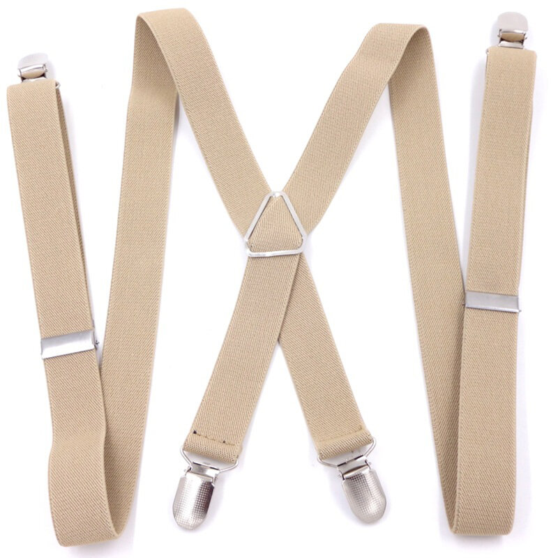 1 inch Suspenders Men Solid Color Polyester Elastic Adult Belt X-Shape Braces with 4 Clips for Women Casual Straps Pants Straps