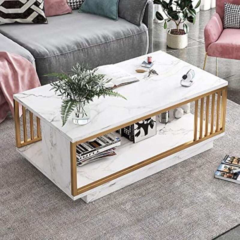 Modern faux marble coffee table, 2-tier wooden coffee table with gold frame, sofa coffee table living room bedroom 40 inches