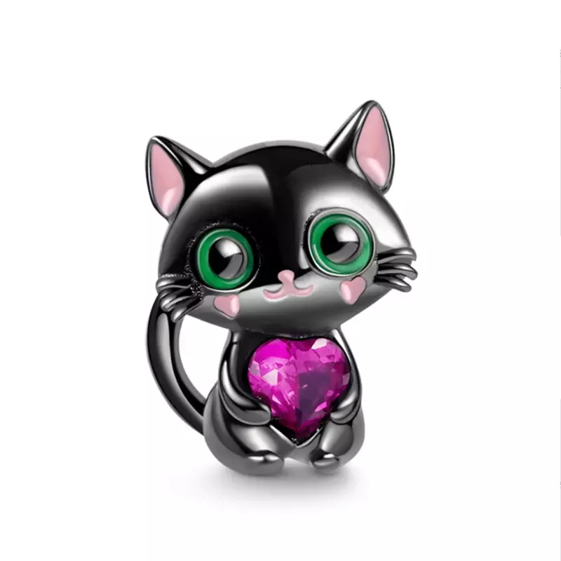 925 فضة الأسود القط يحتضن القلب حلية صالح الأصلي باندورا أساور ساحرة قلادة مجوهرات Berloque