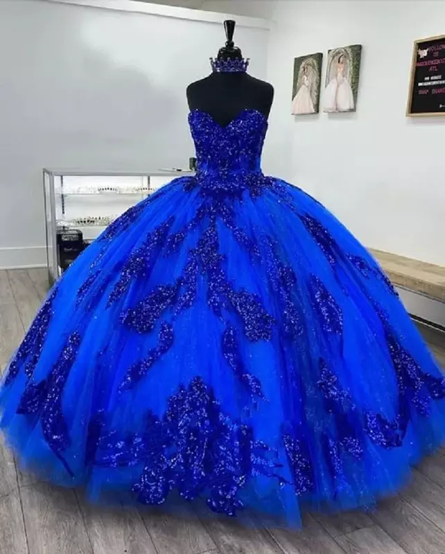 Vestido De baile azul brillante para quinceañera, traje De encaje dulce 16, Vestidos formales De fiesta De princesa De cumpleaños, 15 años