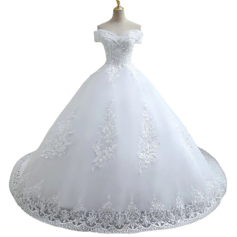 Vestido De novia con lentejuelas y encaje para mujer, traje elegante con hombros descubiertos, cola De barrido, 2024