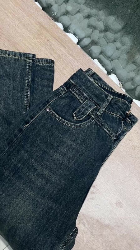 Finewords-Jeans solto de cintura alta para mulheres, calça jeans azul escuro, streetwear casual, jeans lavado e retrô, estilo coreano, lazer
