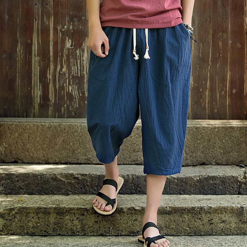Мужские брюки-султанки в китайском стиле, повседневные мешковатые брюки длиной до икры, брюки для мальчиков, короткие джоггеры, повседневные спортивные брюки