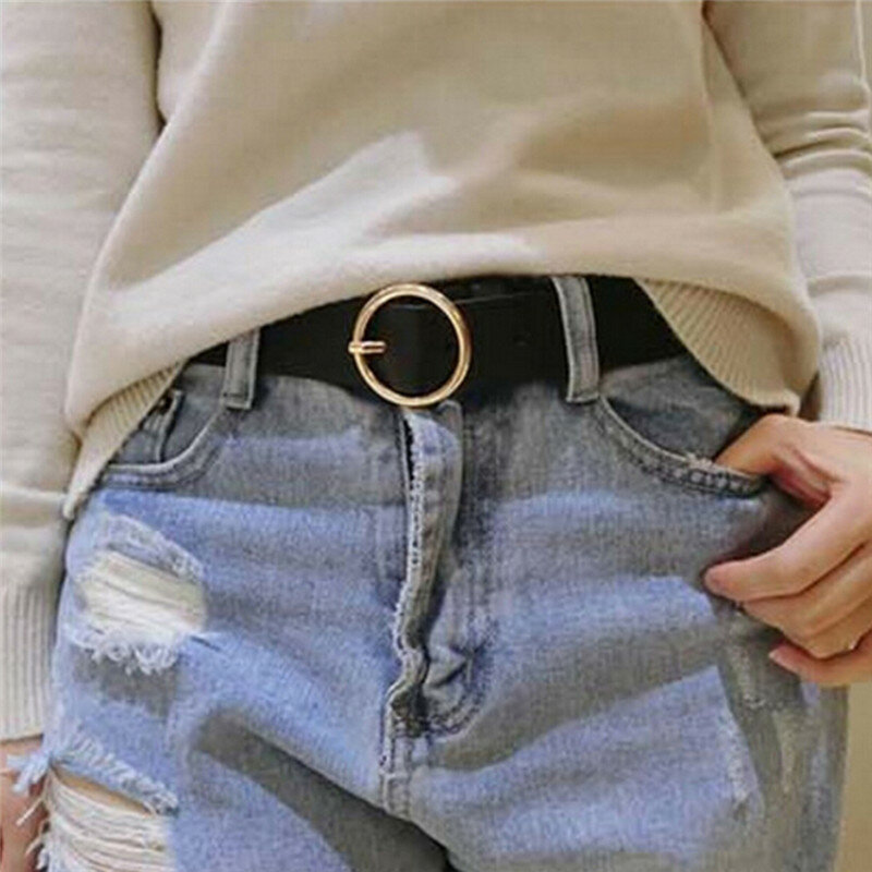 Brown Leather Black Strap Belt Women Gold Round Belts Female Leisure Jeans Wild Belt Without Pin Metal Buckle Chains Decorative