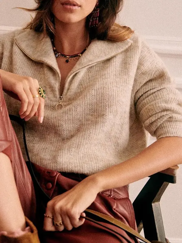 Women's Sweater Turn-Down Collar Half Zipper Soft Autumn Elegant Long Sleeve Knitted Pullover