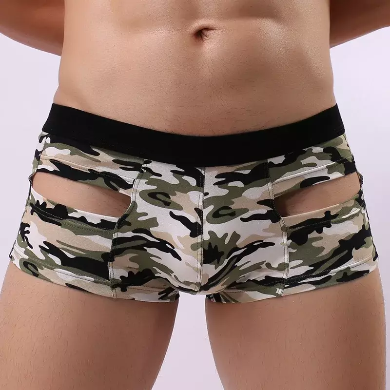 Men's Underwear, Flat Angle, Medium Waist, Sexy Camouflage, Hollow Out, Sexy Flat Angle Pants, U Convex, Breathable