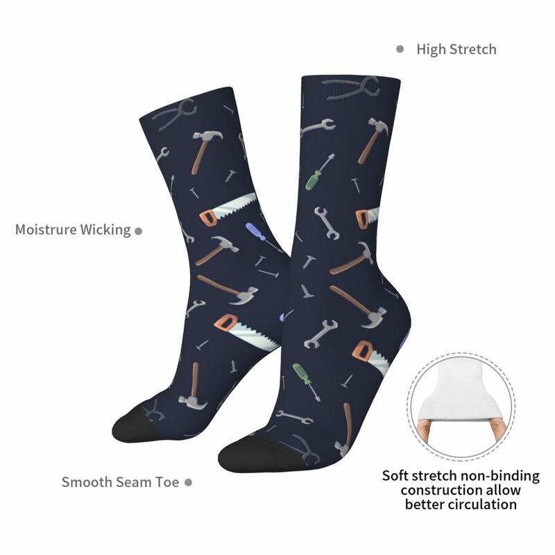 Harajuku Sweat Absorbing Carpenter Tools Pattern Long Socks, All Season Meias, Acessórios para Presentes Unisex