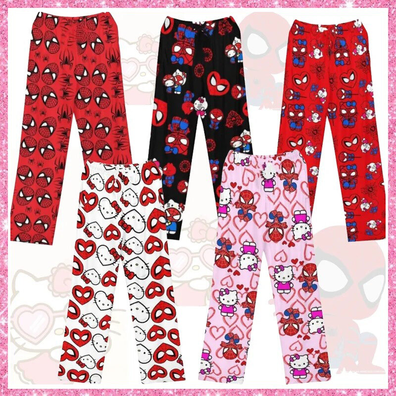Miniso-Hello Kitty بنطلون بيجامة قطني للرجال والنساء ، ملابس نوم سبايدرمان ، بنطلون فضفاض ، بنطلون نسائي ، ربيع وصيف