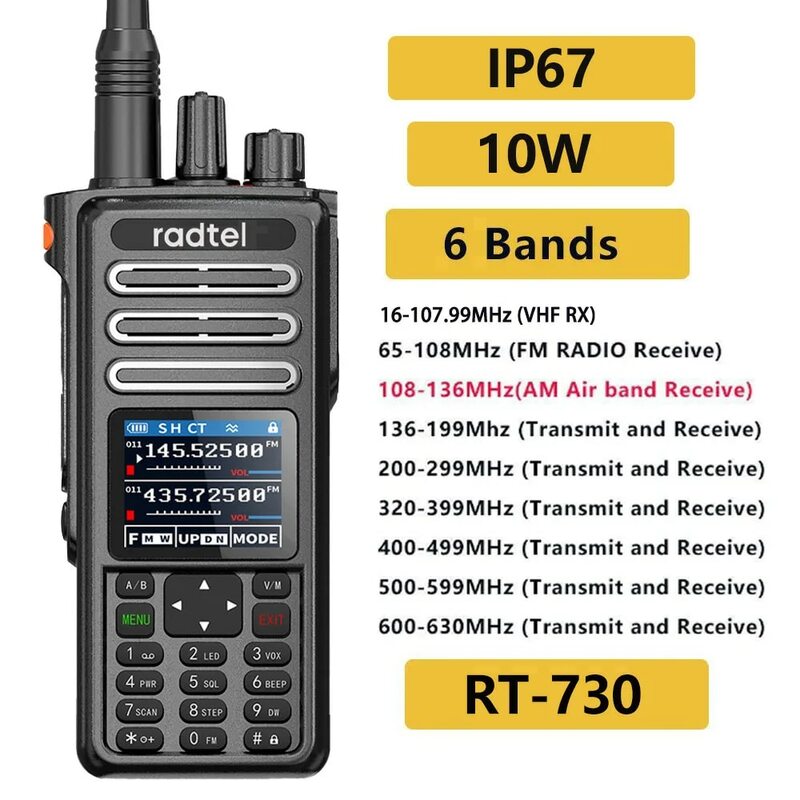 Radtel IP67 RT-730กันน้ำ10W สายรัดอากาศเครื่องส่งรับวิทยุ CB SSB มือสมัครเล่นแฮม199CH USB-C แบตเตอรี่ Naa ตำรวจสแกนเนอร์ satcom