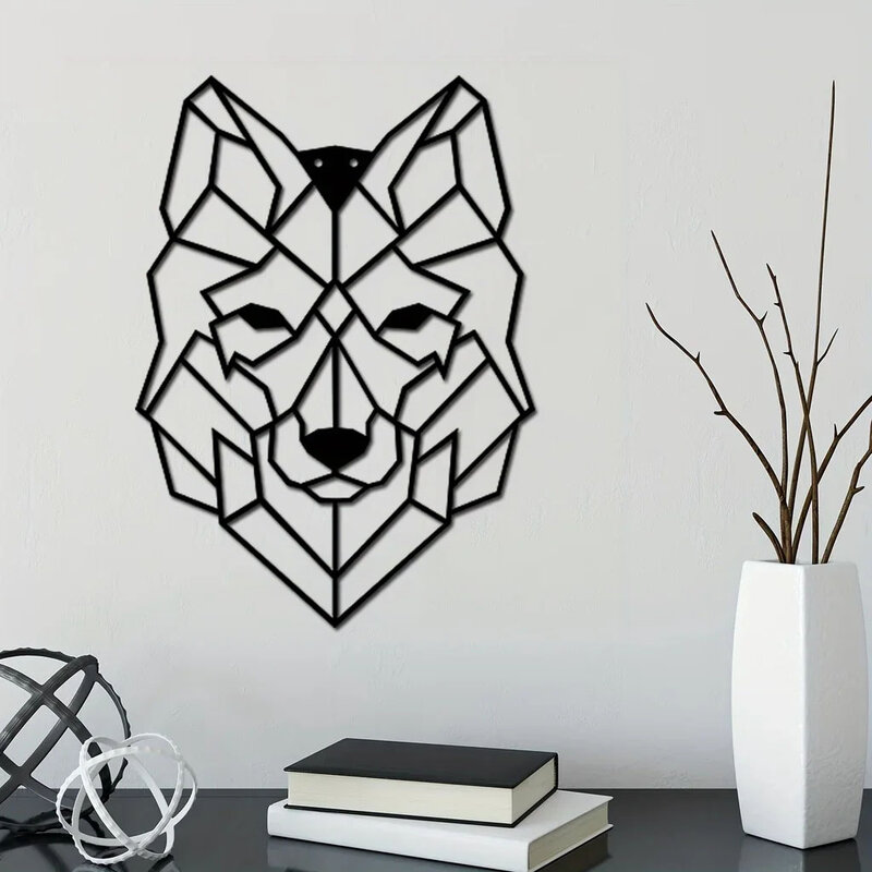 Tête de loup géométrique en métal pour salon et bureau, art mural, ornement, artisanat en fer noir, silhouette, cadeau