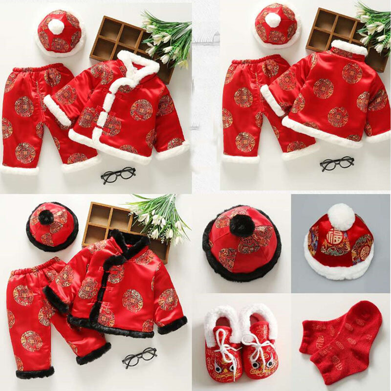 W wieku 0-3 lat stare chińskie dla dzieci strój Tang dziecko w jednym-Year-Old sukienka chiński styl świąteczny nowy rok sukienka brokat kombinezon zimowy