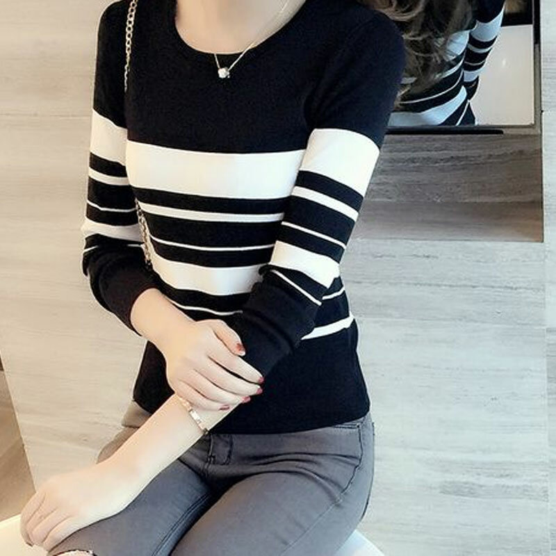 Pullovers Sweaters Black and White Stripe Long Sleeve Slim Round Neck Jumpers Knitwear Autumn Winter Women's Clothing Commute