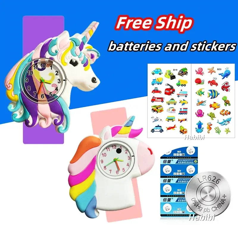 Rainbow Unicorn Watch Children Birthday Party Gifts Baby Toy Bracelet Clock Girls Boys Kids Watches Free Batteries Stickers