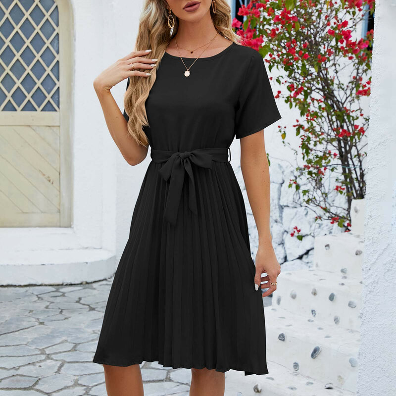 Ladies Bow Lace Up Dress Summer Women Casual O-Neck Short Sleeve Sloid Color Knee-Length Dress Female Fashion Pleated Dresses