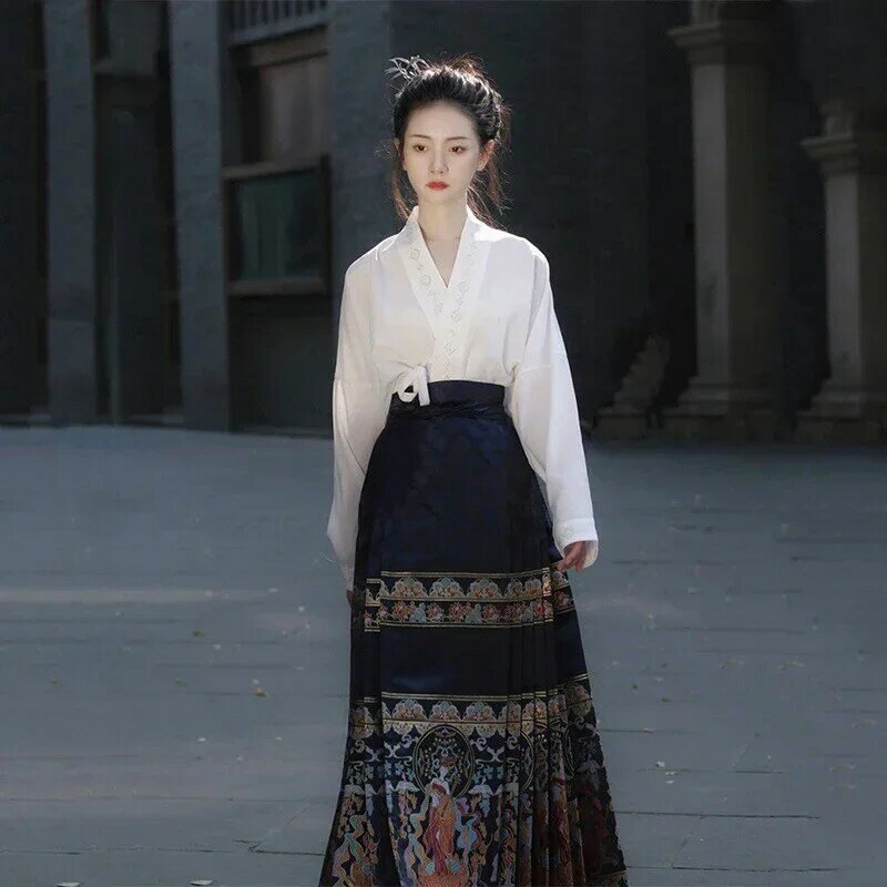 Camisa Hanfu bordado tradicional chinês para mulheres, saia de cavalo, novo partido de design, dinastia Ming, 2024
