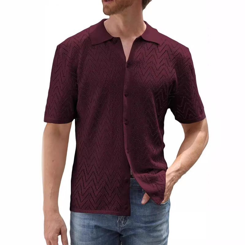 2024 Sommer Herren hemden gestrickt aushöhlen atmungsaktives Freizeit hemd einfarbig einreihig männlich gestrickt Kurzarm hemden