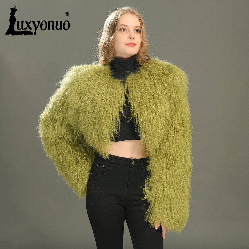 Luxyonuo-女性のための本物のモンゴニア羊の毛皮のコート、ショートスタイル、単色、ふわふわの毛皮のジャケット、暖かいコート、女性のファッション、冬
